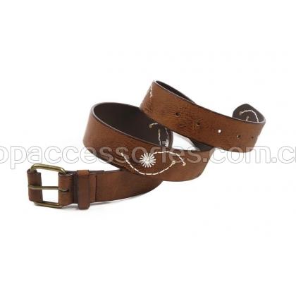 brown pu belt handsewn flower women's belt